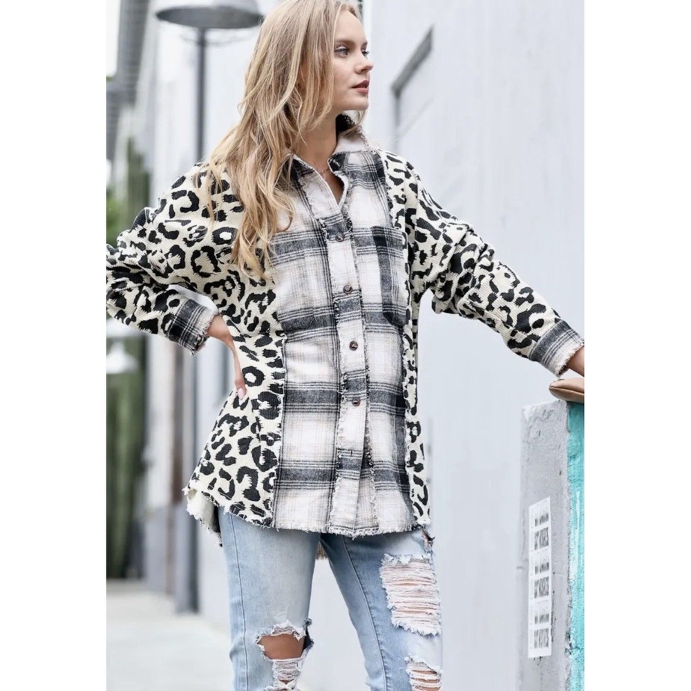 Mazik Women's Shacket Plaid Leopard Print Button Up Frayed Hem Fall Shirt- SMALL